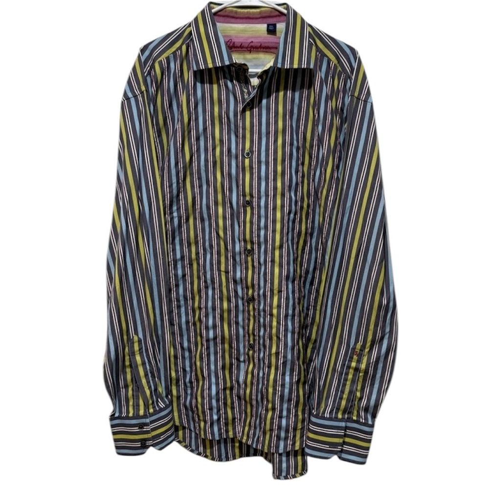Robert Graham Mens Striped Flip Cuffs Button Up Shirt 2XL Embroidered Multicolor